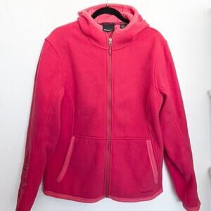 Marmot Fleece Full Zip Hood Embroidered Flowers Jacket XL Pink Cozy Warm
